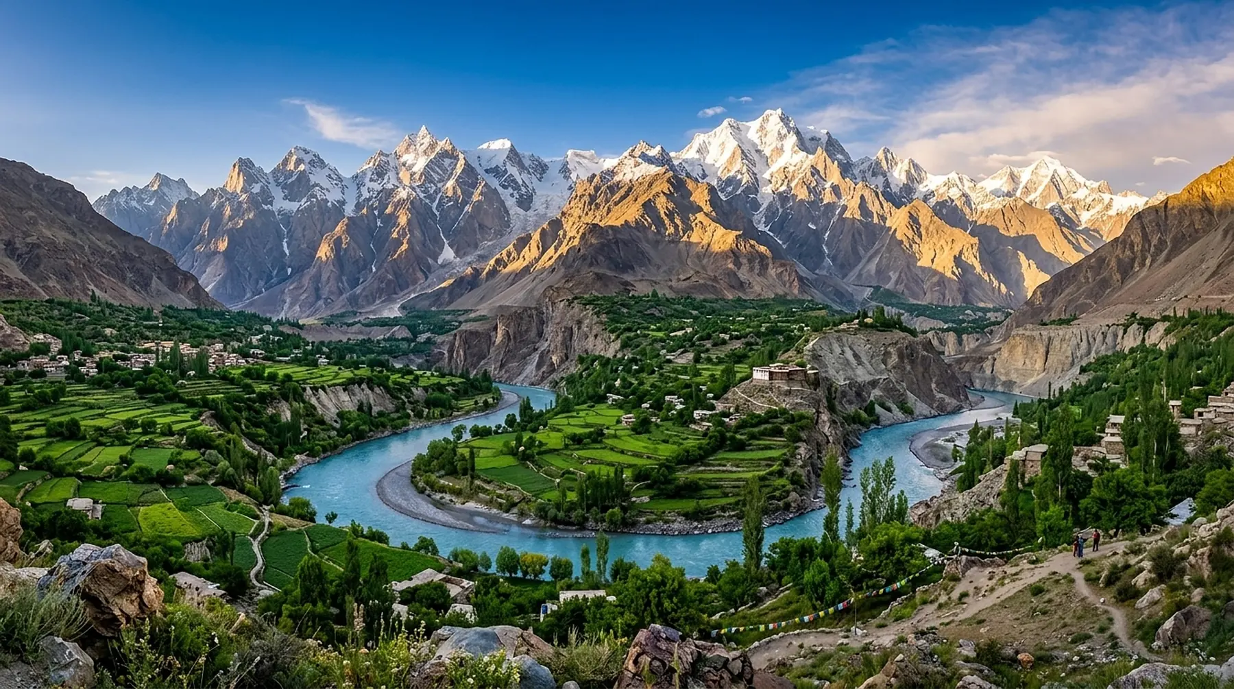 Panoramic view of snow-capped Karakoram mountain peaks, turquoise glacial river and lush terraced fields in Hunza Valley